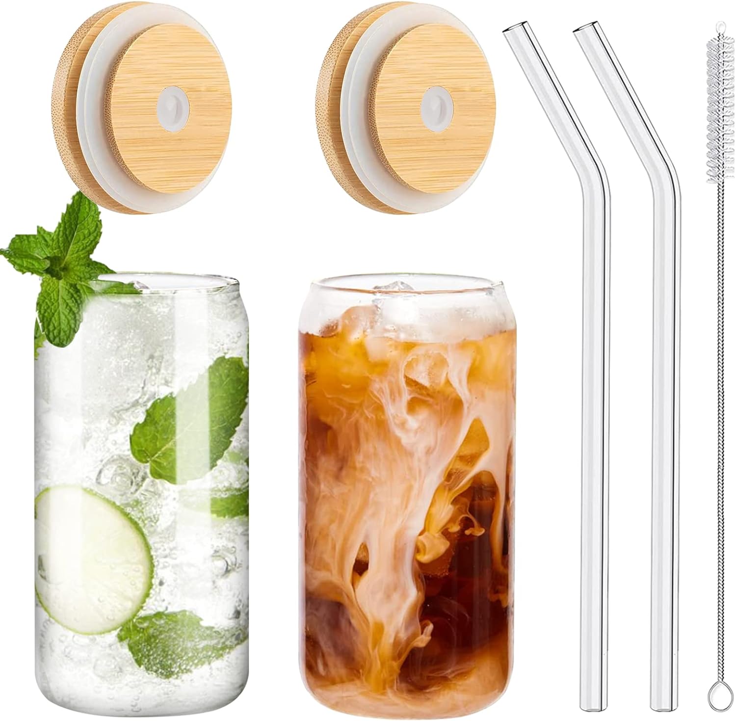 Drinking Glasses with Bamboo Lids, Glasses with Glass Straw, Can Shaped Glass Cups with Lids and Straws, Beer Glasses with Cleaning Brushes -Pack of 2 (16oz ) Drinking Glasses with Bamboo Lids, Glasses with Glass Straw, Can Shaped Glass Cups with Lids and Straws, Beer Glasses with Cleaning Brushes -Pack of 2 (16oz )